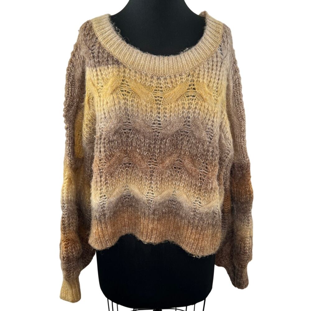 12th Tribe Tan Yellow Fuzzy Chunky Knit Relaxed Sweater Pullover Scoop Neck OS